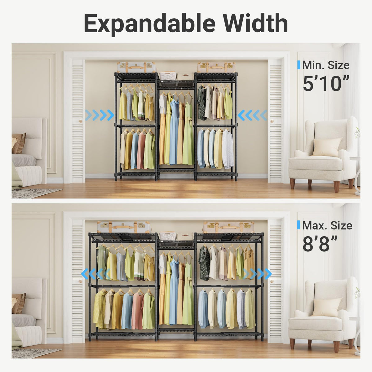 VIPEK X3 Basic Expandable Closet System, Heavy Duty Freestanding Open Wardrobe with Long Hanging Area, 5 Hanging Rods & 6 Adjustable Shelves, Fits 5.10 to 8.8 FT, Black
