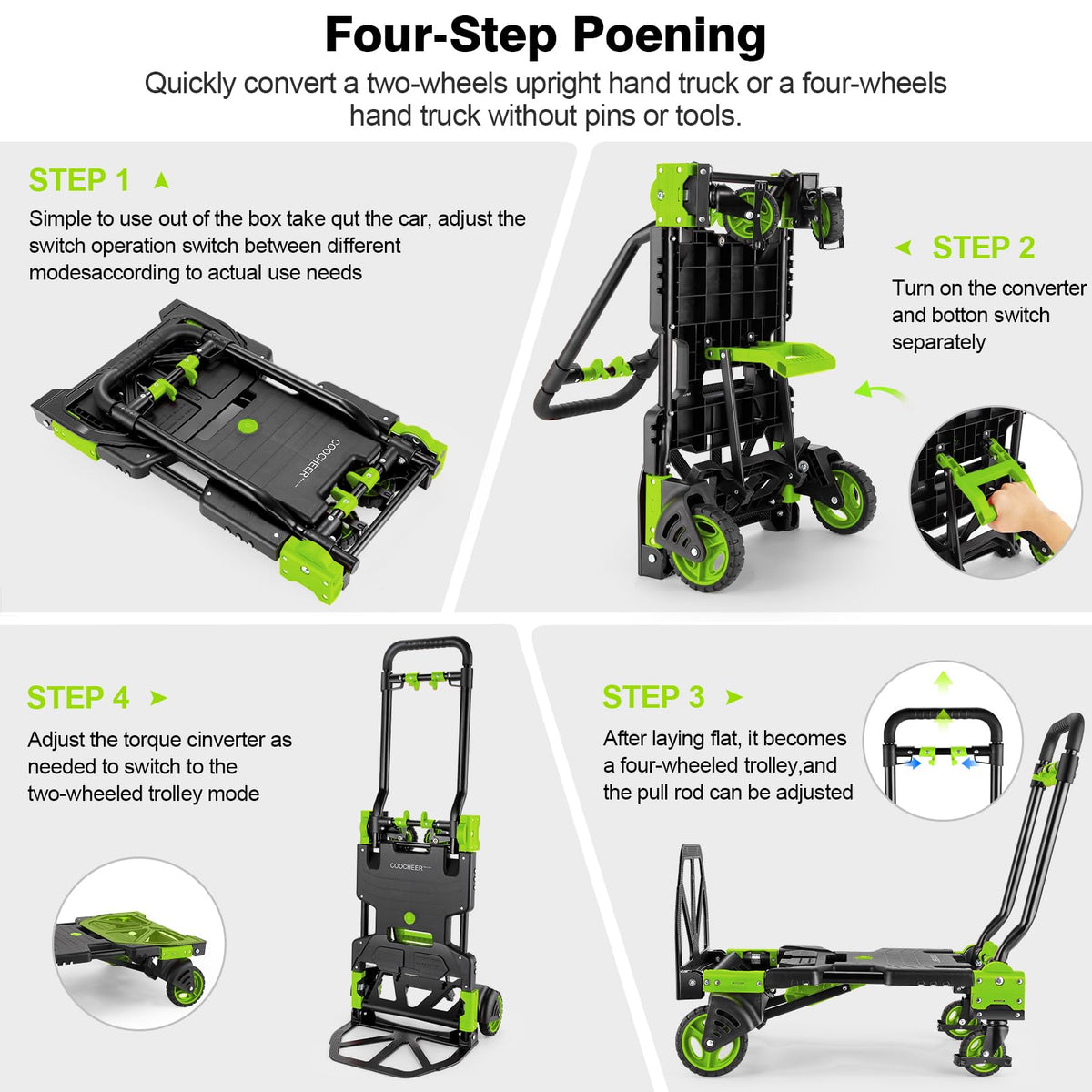 330LB Folding Hand Truck Heavy Duty Carrying, Combination of Four Wheels and Two Wheels Convertible Dolly Cart with Retractable Handle Dolly for Moving Office Carts(Green)
