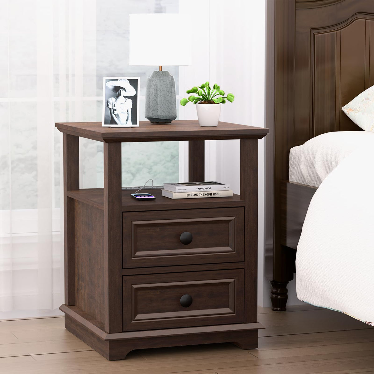 REDAYFUR 24" Tall End Table with Charging Station, Double 18W Fast Charge, Large 18" Bedside Table with Drawers, Rustic Wood Storage Cabinet with Open Shelf for Bedroom, Cherry