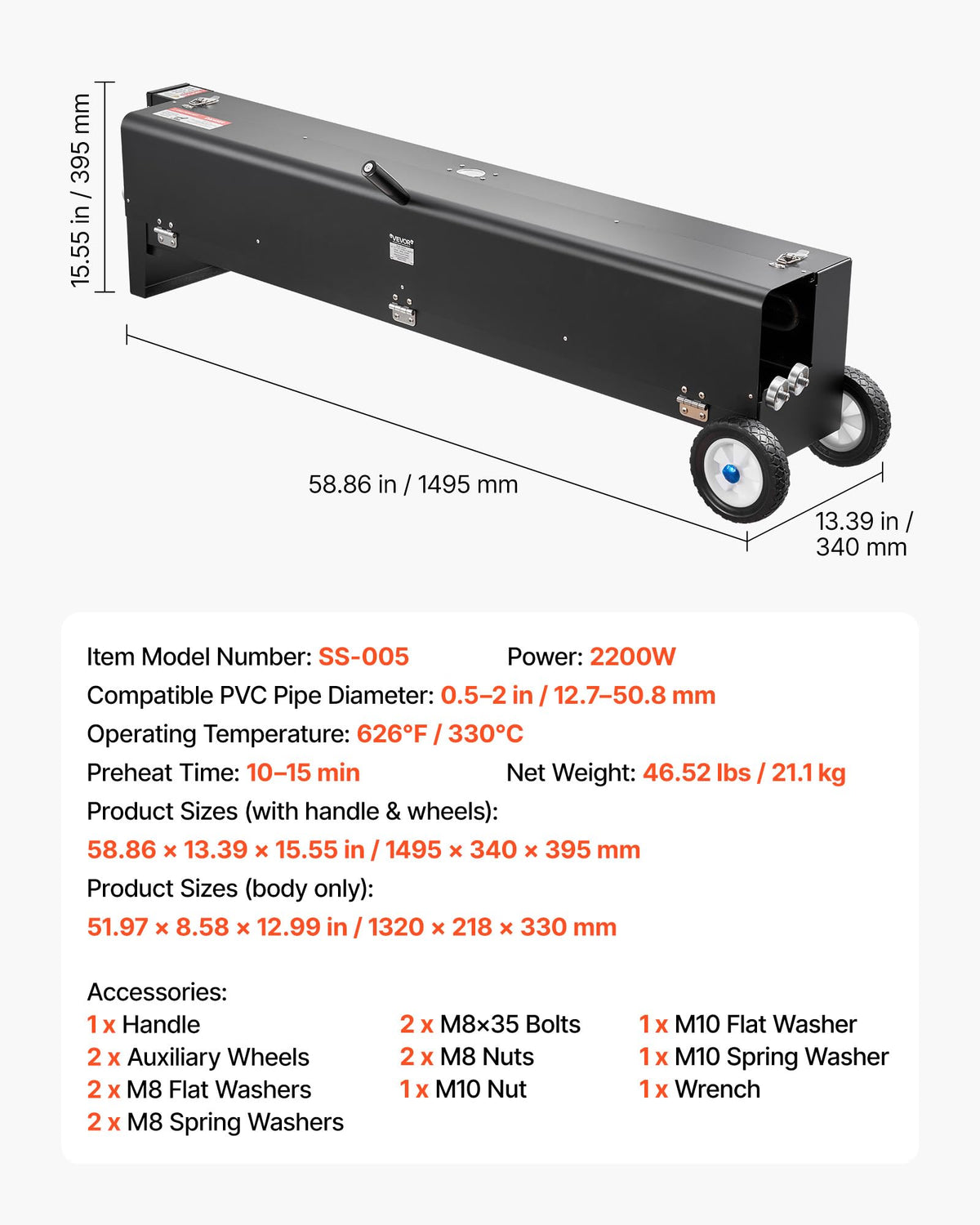 VEVOR Electric PVC Conduit Heater, 1/2" to 4", 2200W Rapid and Even Heating, PVC Bender Heater Pipe Bending Tool with Carrying Handle, Easy to Use, for Construction Crews, DIY Enthusiasts, Workshop