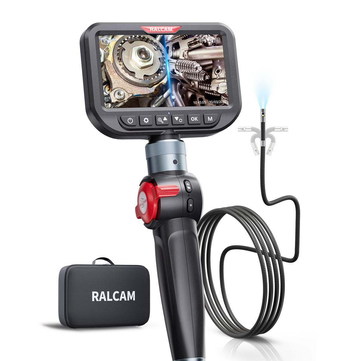 Ralcam Dual Lens Articulating Borescope, 6.5mm Slim Probe, 5" Endoscope Camera with Light, 5FT Semi-Rigid Cable, Two-Way Articulated Inspection Camera for Automotive Wall Pipe
