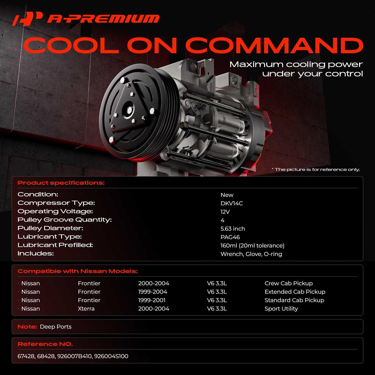 A-Premium Air Conditioner AC Compressor with Clutch Compatible with Nissan Frontier 3.3L 1999-2004, Xterra 3.3L 2000-2004, DKV14C Style, 4 Grooves
