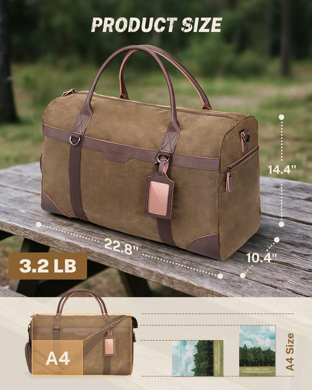 Gonex Waxed Canvas Duffle Bag for Travel, Water-resistant Vintage 55L Duffel Weekender with Shoes Compartment & Luggage Tag, Heavy-duty Overnight Bag with Suitcase Handle Sleeve for Men, Dark Brown
