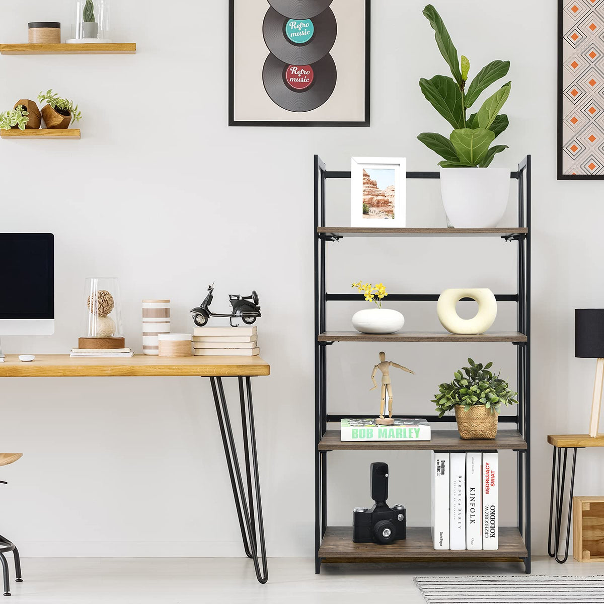 Giantex 4-Tier Bookshelf, No-Assembly Folding Industrial Storage Shelves w/Anti-Tipping Wall Bolt, Large Storage Space Display Rack and Freestanding Storage Organizer