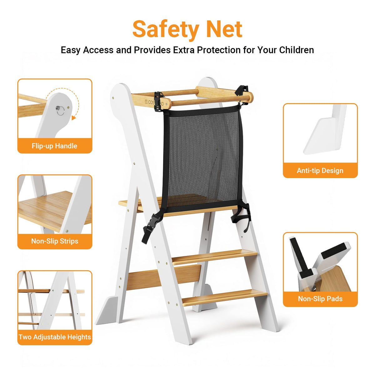 COSYLAND Foldable Toddler Kitchen Stool Helper - Height Adjustable Standing Tower for Bathroom Sink or Kitchen Counter - Step Stool for Toddlers Ages 18 Months to 6 Years White & Natural