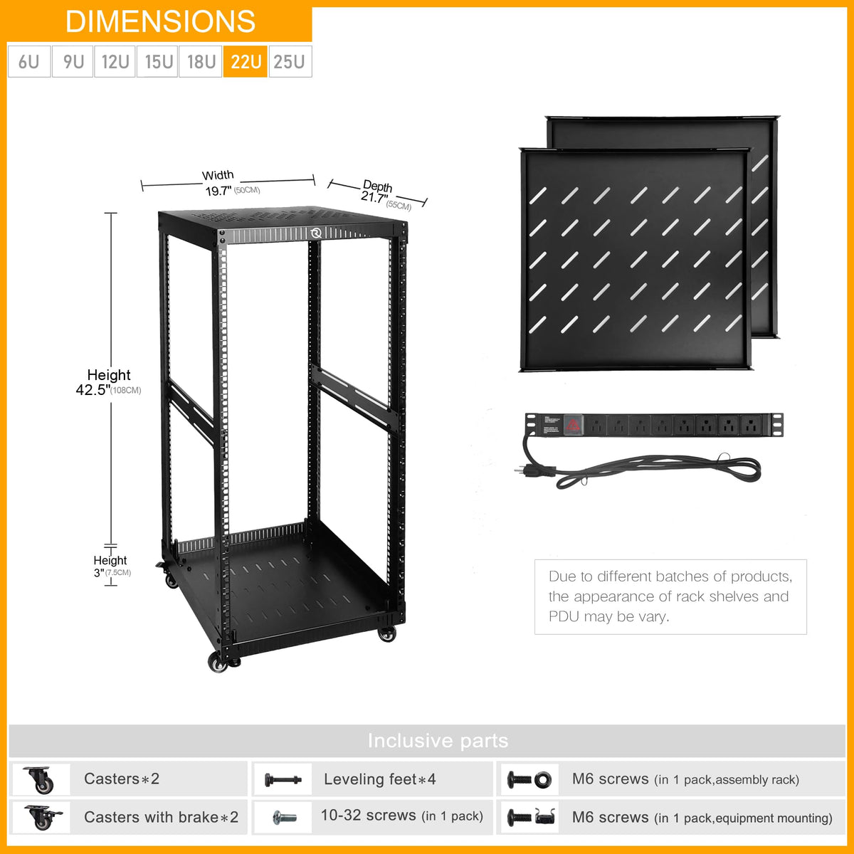 RIVECO 22U Network Rack with Top & Bottom Vented Plates 4 Rolling Wheels Floor Standing Rack for 19" Equipment & Stereo Gear Including 2PCS Rack Shelves & Rail Mount PDU &16" Depth Rack Shelves 2PCS