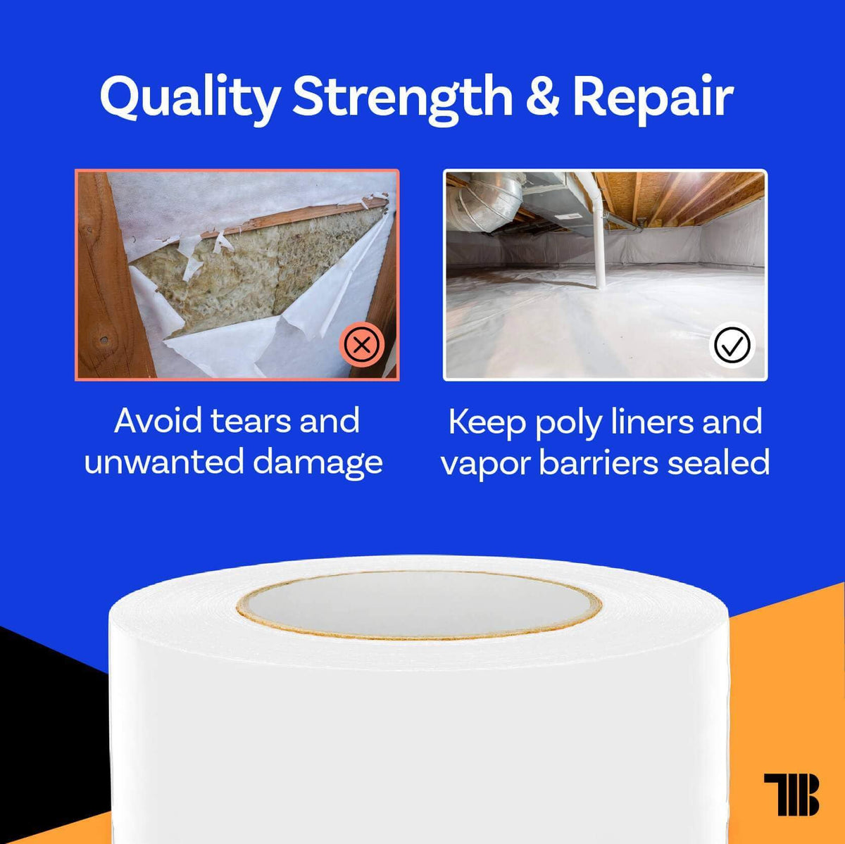 Vapor Barrier Tape - 4 inch x 180' Roll, Made in USA, White Polyethylene Tape for Crawl Spaces & Moisture Barriers, Waterproof Seal & Seam Tape for Underlayment, Insulation, and Plastic Liners (12)