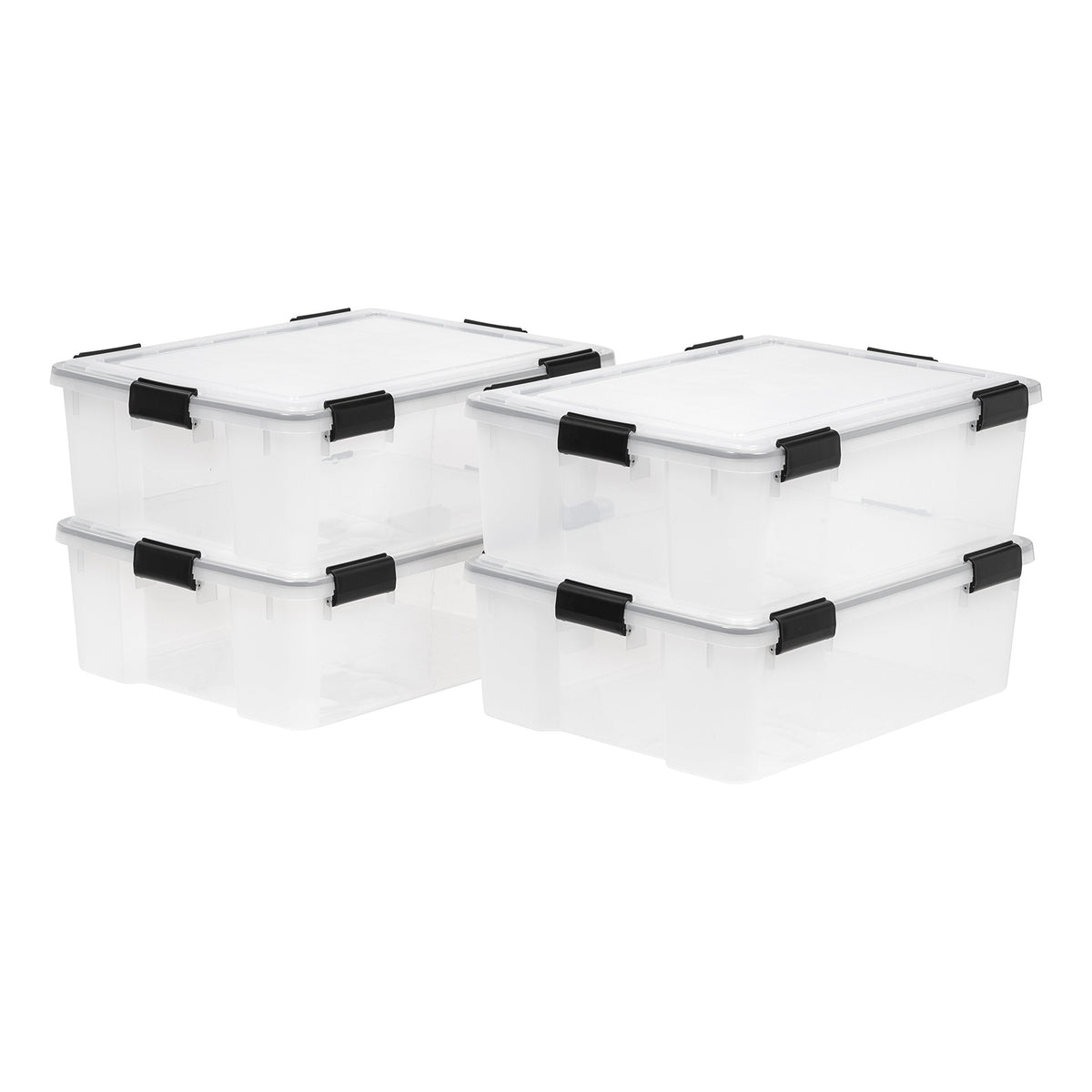 IRIS USA WeatherPro 41 Qt Storage Bins with Lids, 4 Pack, BPA-Free Plastic Gasket Box with Tight Latch and Seal, Stackable Nestable Tote Tub - Clear/Black