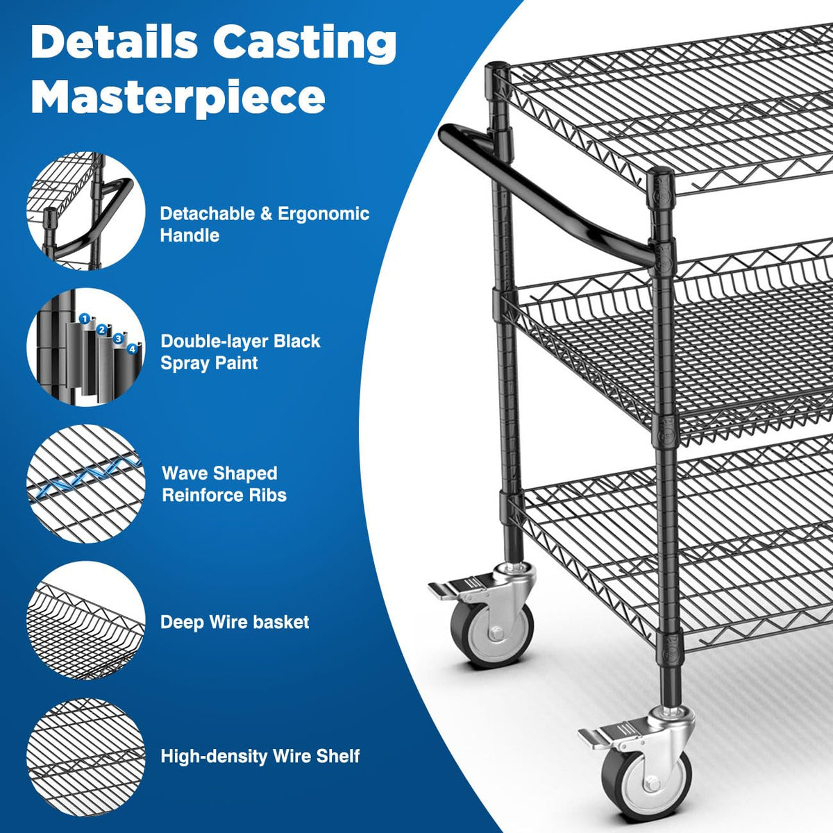 Leteuke Heavy Duty Rolling Utility Cart, 45 Inch Kitchen Carts with Wheels, NSF Commercial Grade with Handle & Shelf Liners, 1120LBS Storage Cart for Kitchen,Restaurant,Plant Display-Black