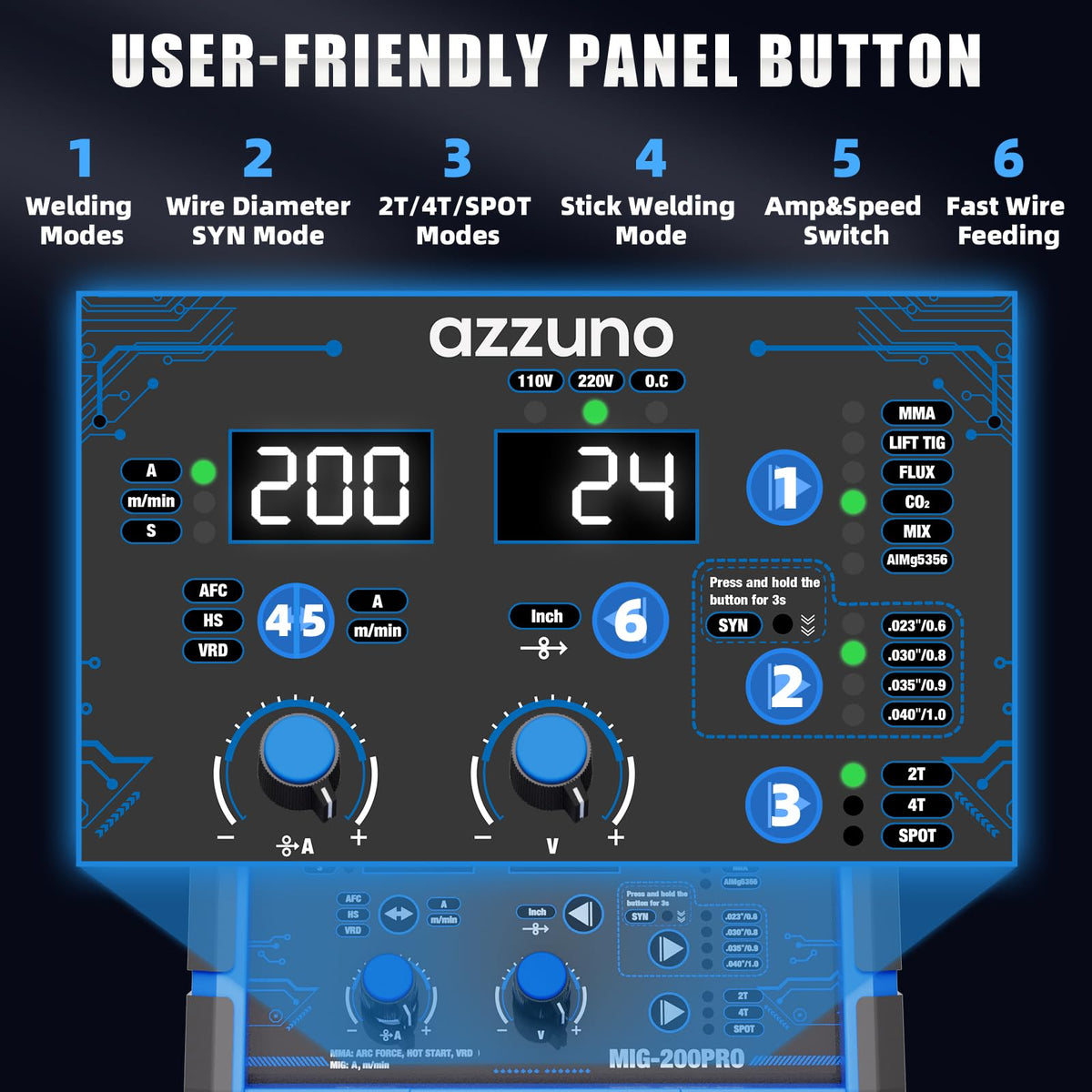 AZZUNO 8 in 1 200A MIG Welder & .030" 2LBS Solid MIG Welding Wire, 110V/220V Welder Machine Flux Core MIG/Gas MIG/MAG/Aluminum MIG/Spot MIG/Lift TIG/Stick Welding/Spool Gun Compatible, Multiprocess We