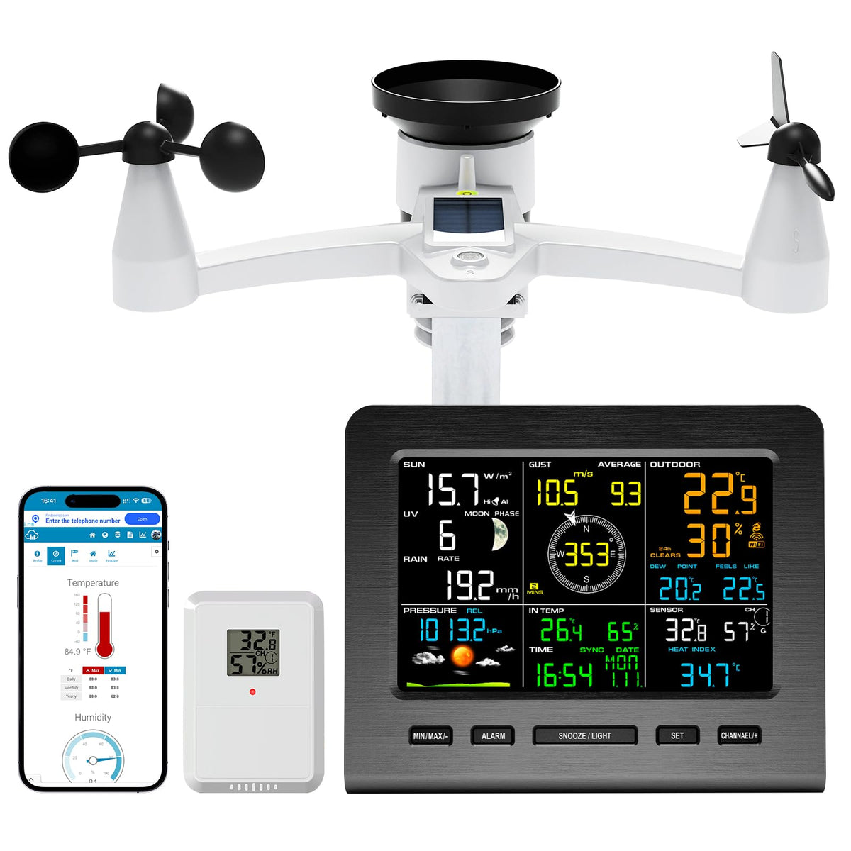 Urageuxy WiFi Weather Station - 7-in-1 Wireless Smart Home Weather Stations with Rain Gauge and Wind Speed/Direction,Temperature, Humidity, Weather Forecast, UV/Light, Moon Phase and Alarm