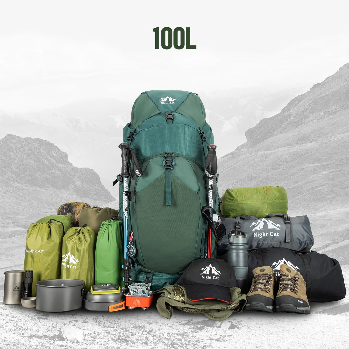 Night Cat Internal-frame Hiking Backpack: 100L Large Camping Backpack for Men Women Traveling Waterproof Rain Cover Green