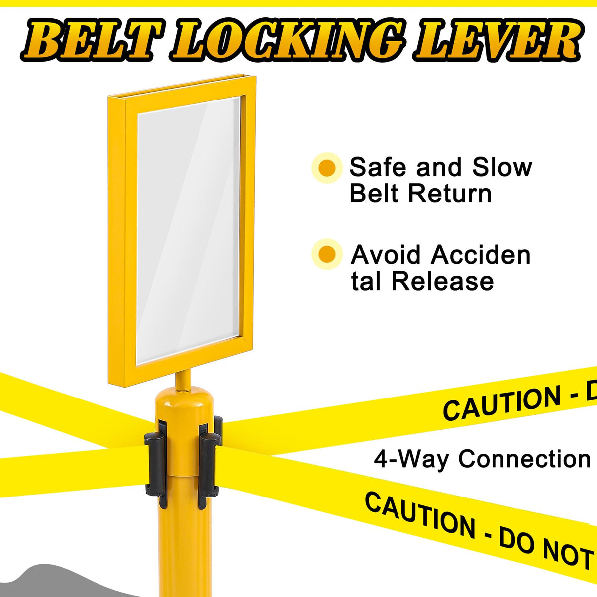 Therwen 6 Pack Heavy Duty Crowd Control Stanchions 9.8 ft Stainless Steel Stanchion Set with 6 Safety Barrier Post Retractable Belt and 1 Sign Holder Crowd Control Barrier(Caution Belt,Yellow)