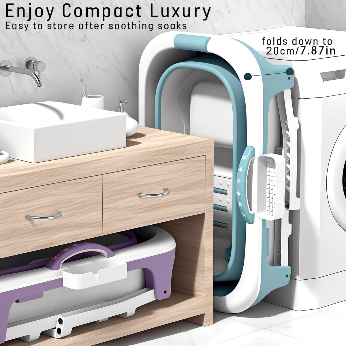 Portable Foldable Bathtub for Adult, 41" Small Foldable Tub with Ergonomic Seat & Massage Roller, Large Capacity Soaking Tub for Adults with Thermal Cover (Blue)