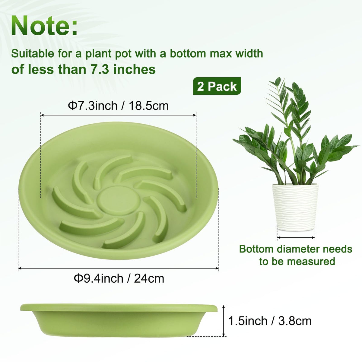 M METERXITY 2-Pack Plant Saucers, 7.3 Inch ID Anti-Rot Root Resin Flower Pot Plant Saucers for Indoor/Outdoor, Flowerpot Drip Tray [9.4 Inch OD, Fruit Green]