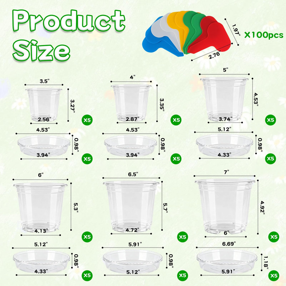 FDKYOEK 30Pack Clear Nursery Pots with Drainage and Saucer, 3/4/5/6/7in Clear Plastic Pots for Plants Flowers Succulents Vegetables, Transparent Plant Pots with 100 Planter Labels for Seedling Starter