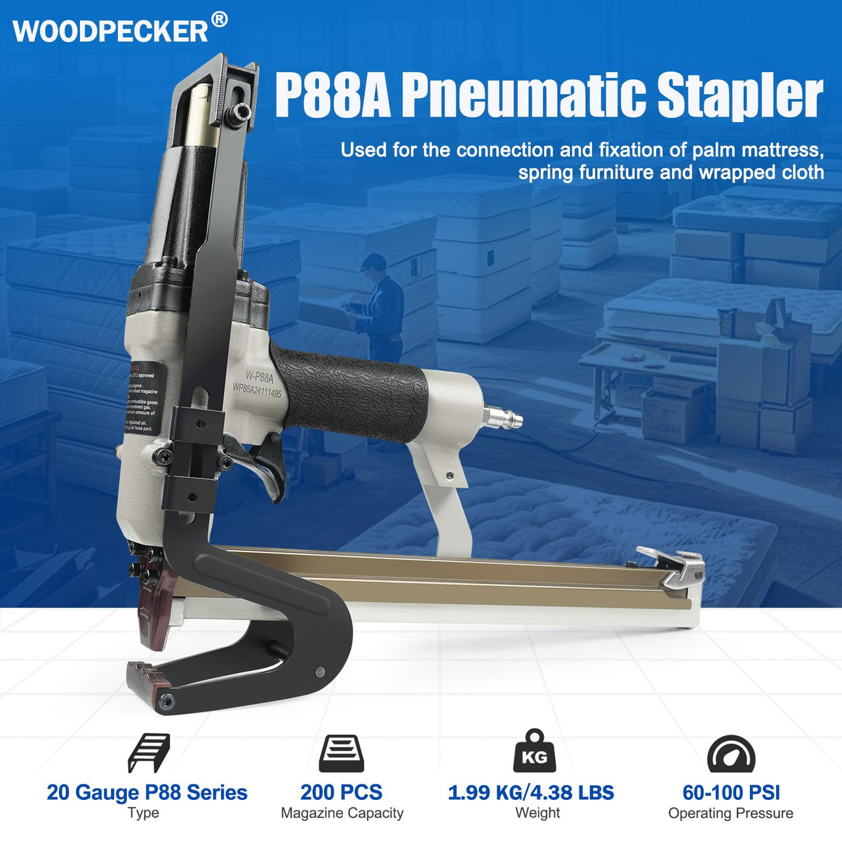 Woodpecker P88A Pneumatic Stapling Plier 20 Gauge 1/2" (13.2 mm) Crown Mattress Stapler Fits 9/16" to 7/8" (15 to 22mm) Length Staples for Bedding and Spring Furniture