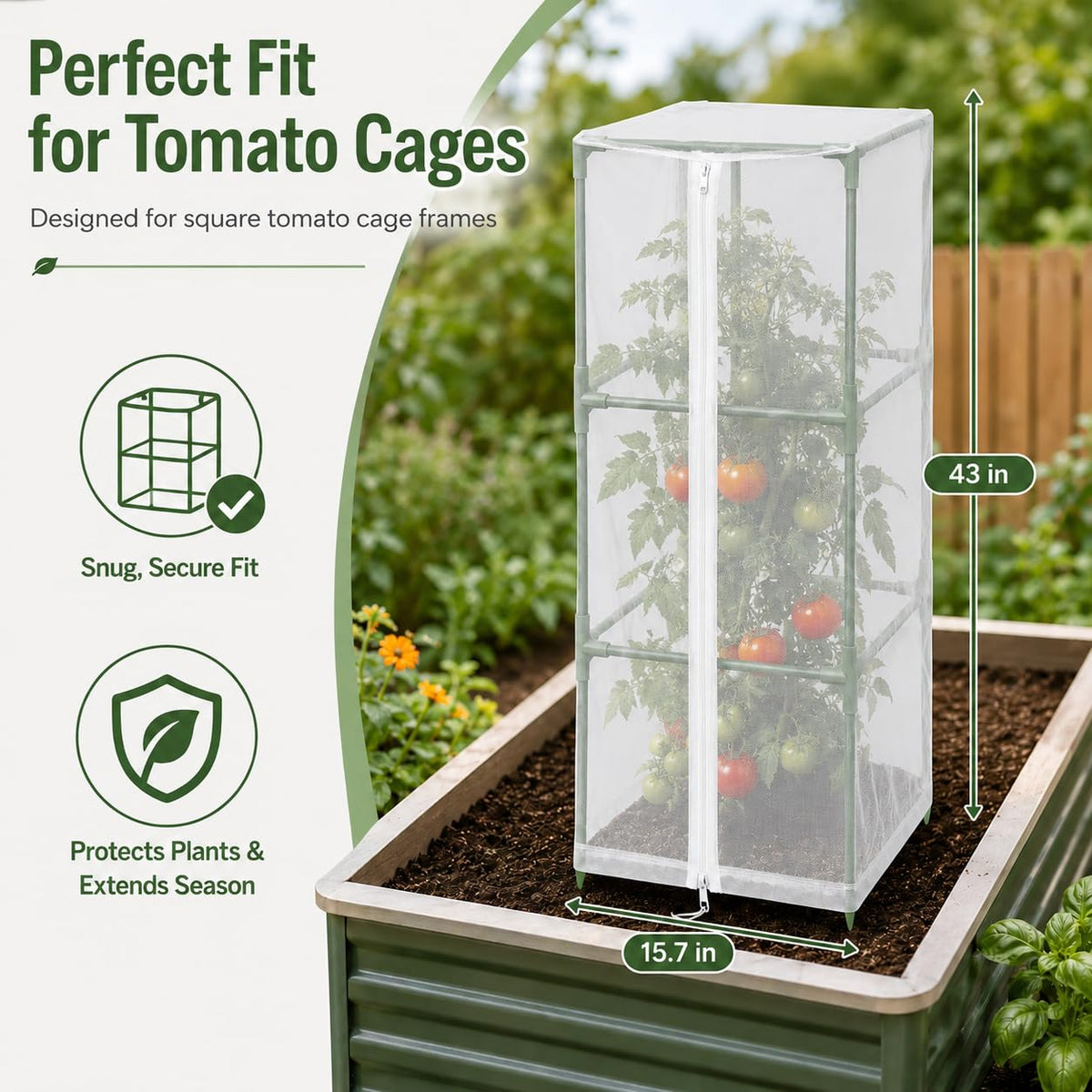 Halatool Garden Tomato Plant Cover Netting, Fits 40–50" Tall Square Tomato Cages, Garden Bird Netting with Zipper & Drawstring, Insect Barrier, Plant Covers from Insects Animals, 4 Pack, 43"×15.7"
