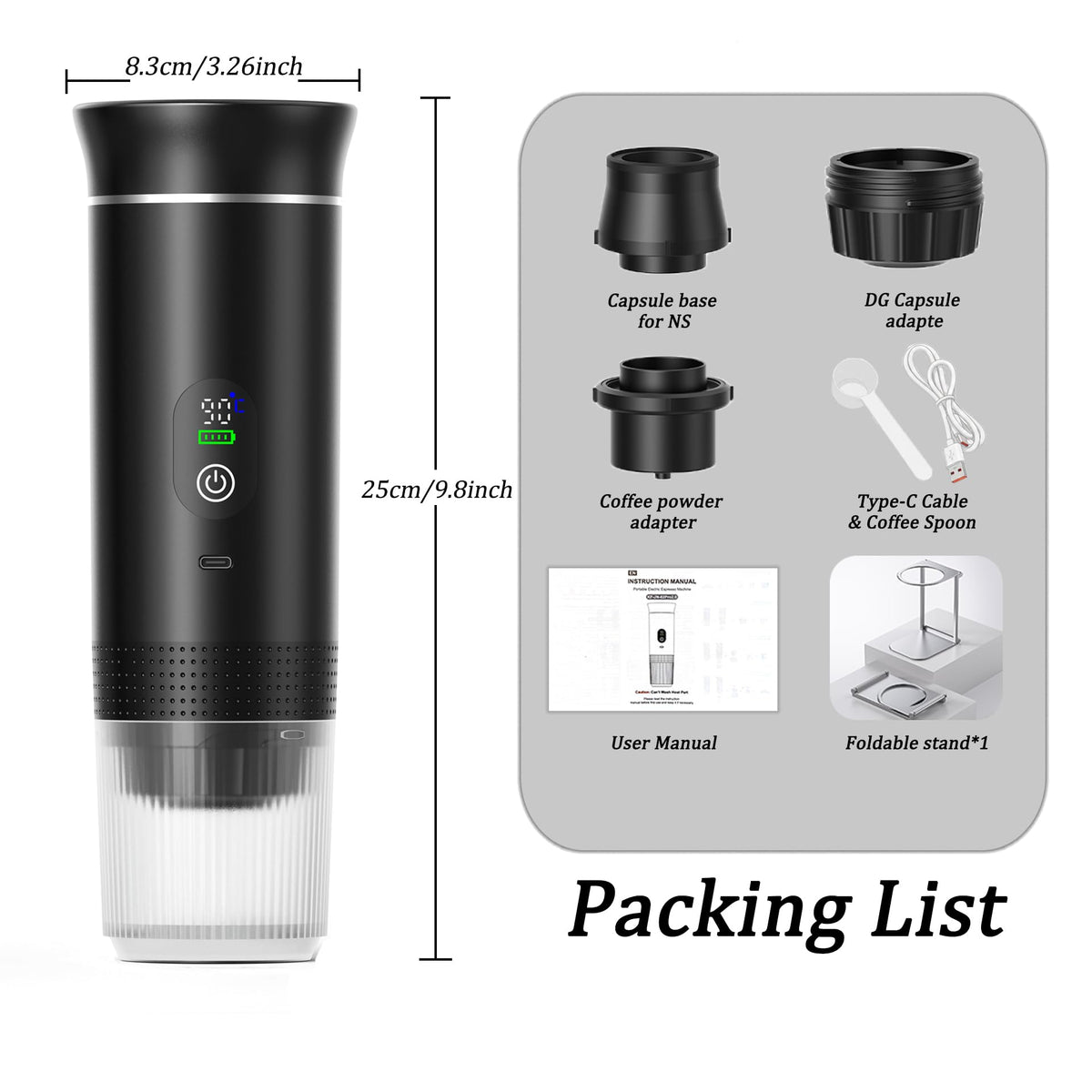 Portable Espresso Maker and Metal Stand Set, Self-Heating Travel Coffee Machine, Rechargeable Coffee Maker with Digital Display, 3-in-1 for Ground Coffee & Capsules, Camping RV Office