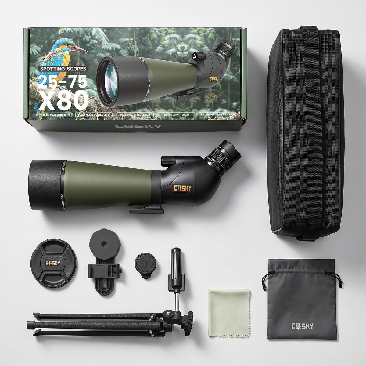 Gosky Flagship 25-75x80 Spotting Scope - Spotting Scopes with Tripod, Carrying Bag and Quick Phone Holder BAK4 Waterproof Spotter Scope for Bird Watching Target Shooting,Upgraded Version
