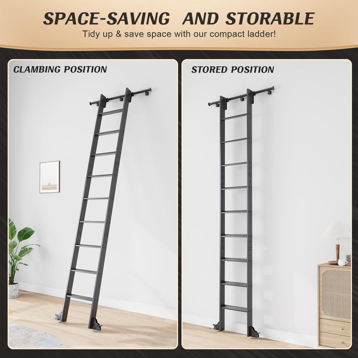 Fredbeck Rolling Library Step Ladders 120" with 8FT Sliding Hardware Track Kit for Kitchen,Loft,Warehouses,Bookstore,attic,Metal Black