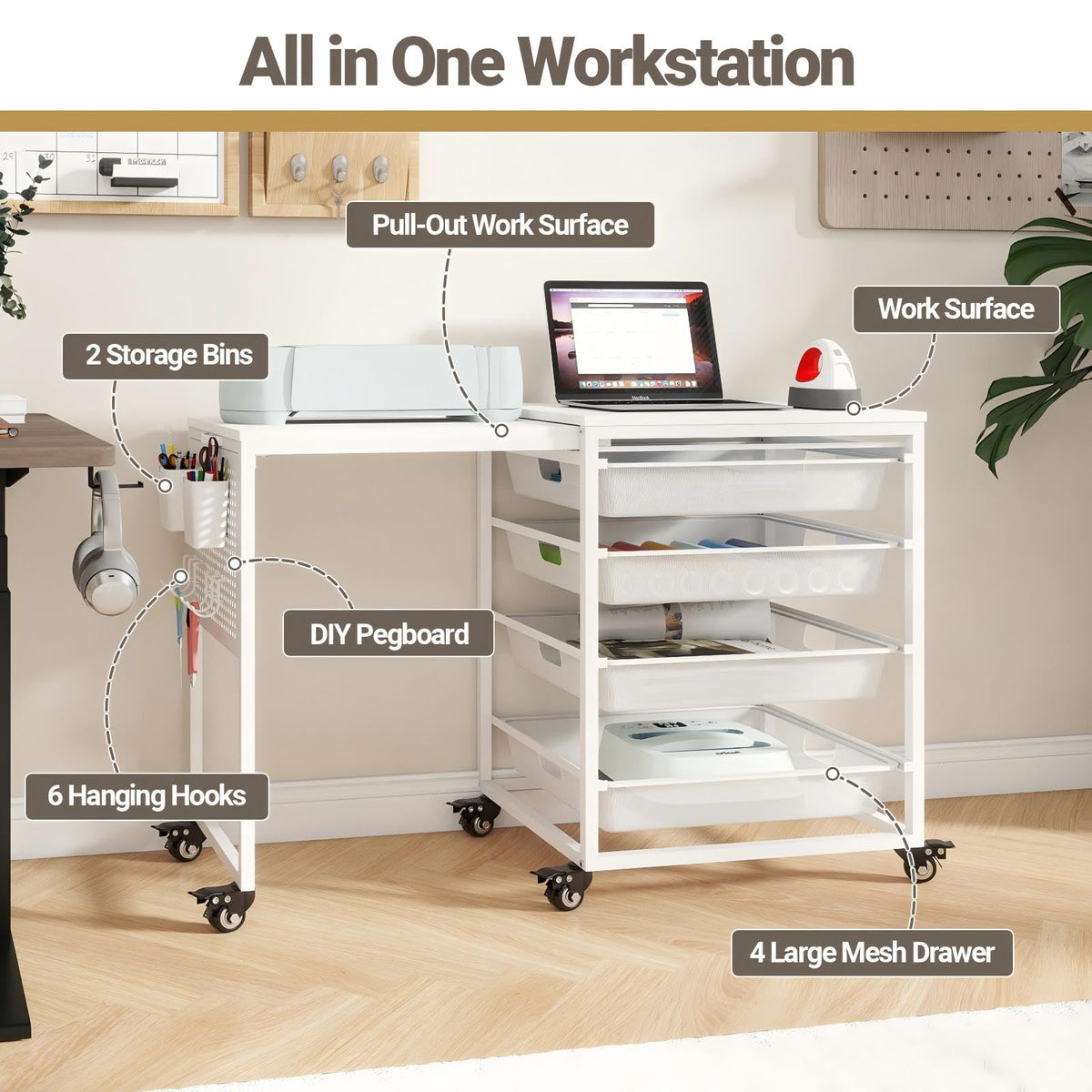 Rolling Craft Storage Cart with Wheels & Mesh Drawers, Extendable Craft Table with Pegboard Organizer, Muti-Functional Work Table for Sewing, Arts and Crafts, Scrapbooking Storage,3D Printers (White)