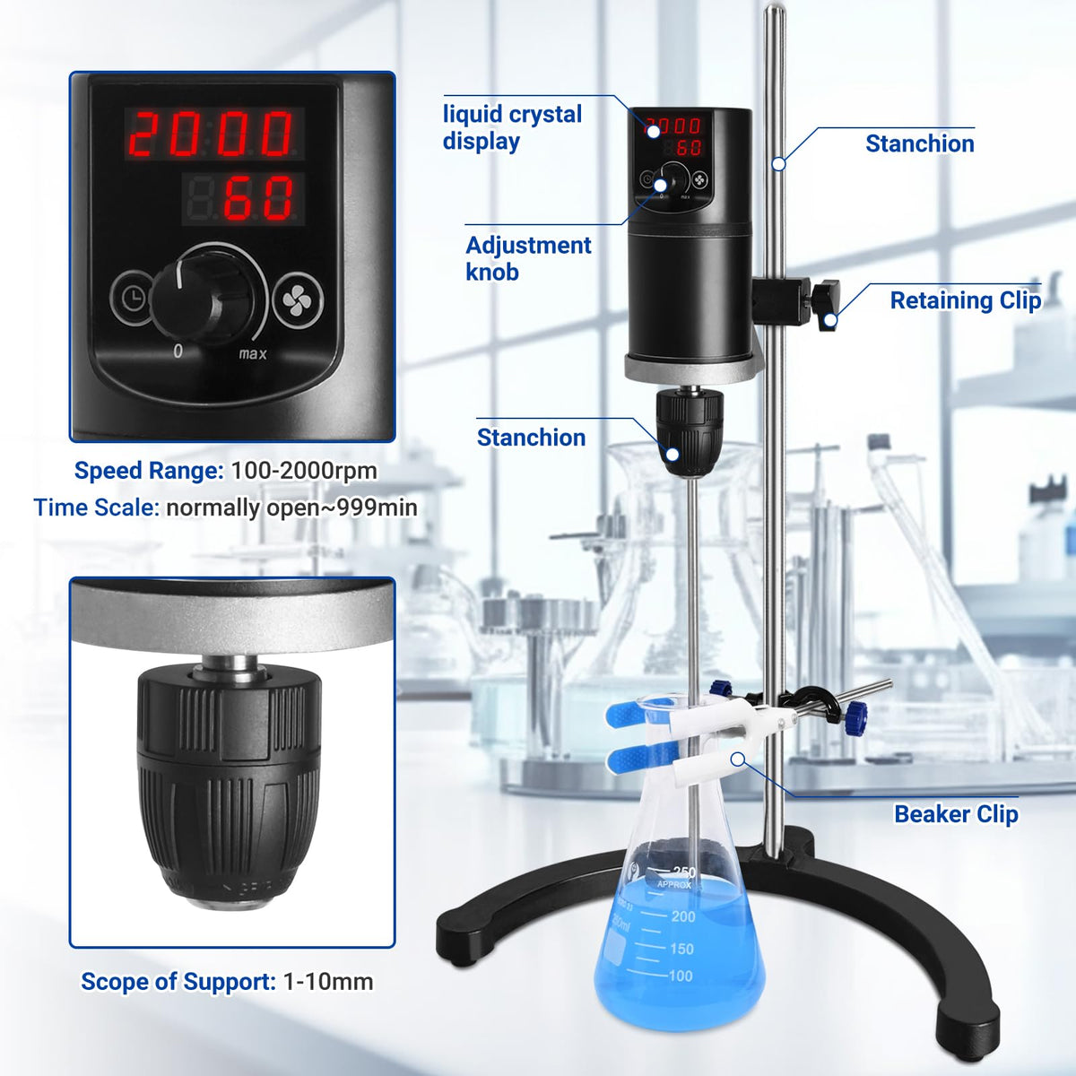 Vevitts Electric Overhead Stirrer LCD Digital Lab Mixer Time and Speed Adjustable Stirring Lab Mixer 100-2000RPM 20L Electric Overhead Mixer