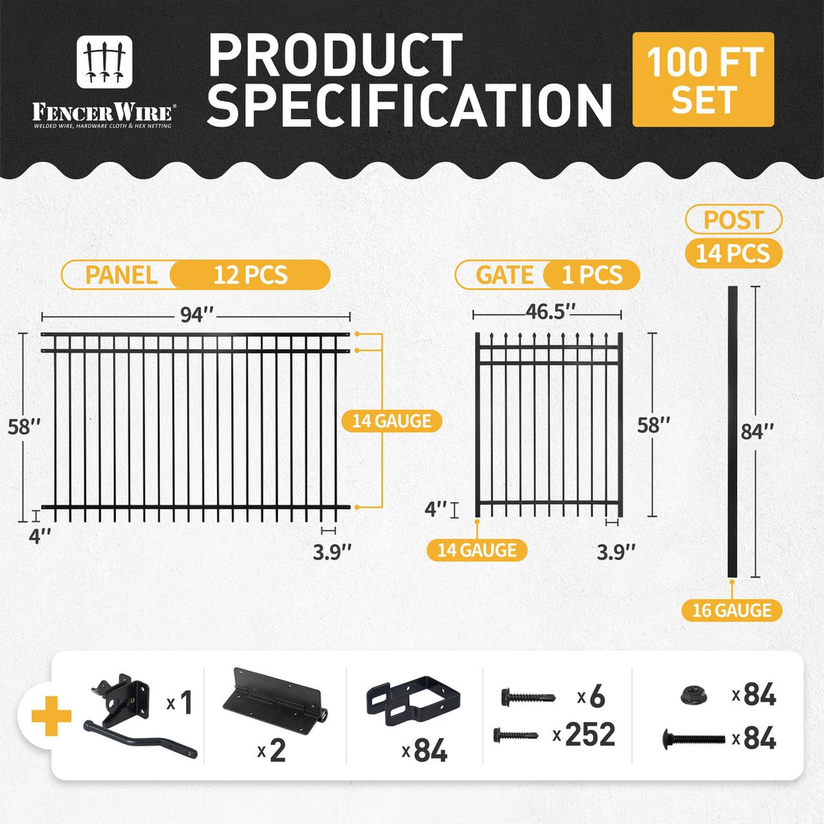 Fencer Wire 100FT Heavy Duty Flat Top Fence Barrier Kit, Anti-Rust Metal Steel Fence with 5FT Height X 8FT Width Panels, with Pinnacle Gate, Posts, Connectors, Outdoor Fencing for Yard