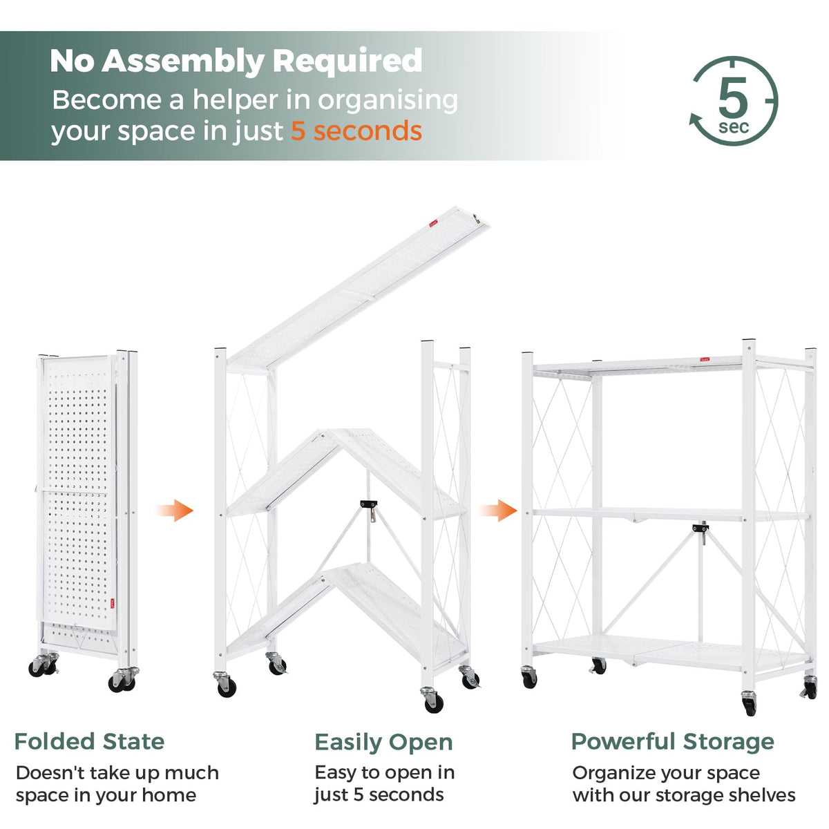 DEANIC 3 Tier Foldable Storage Shelves with Wheels, Large Capacity Shelving Unit, Freestanding Metal Wire Shelf Rack, No Assembly Organizer Rack for Garage Kitchen, Basement, Pantry(White Pack of 2)