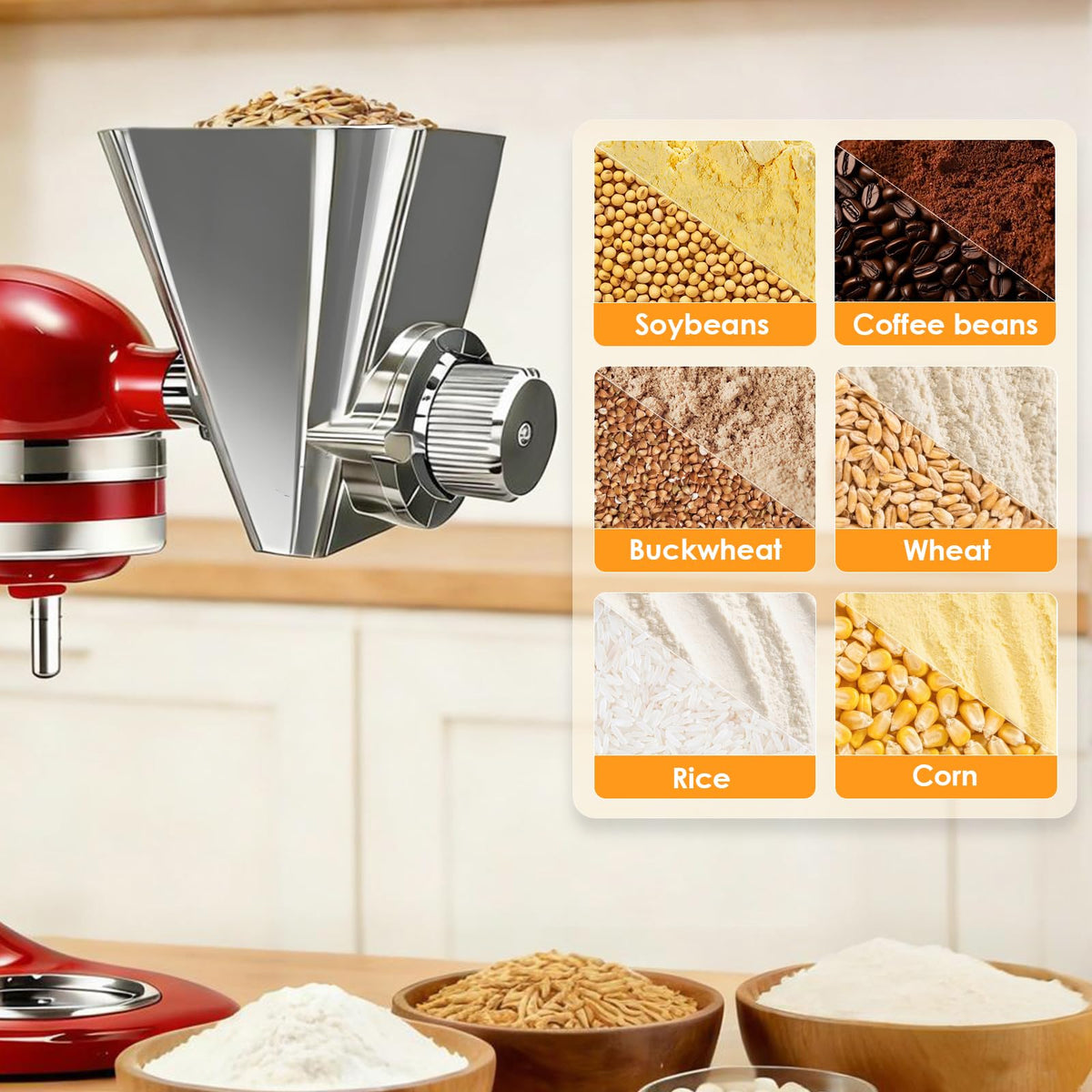 Ezato 2026 Grain Mill Attachment for KitchenAid Stand Mixer, All Metal 9 Levels Flour Mill for KitchenAid, Fit for Grinding Wheat, Corn, Oats, Millet, Coffee Beans