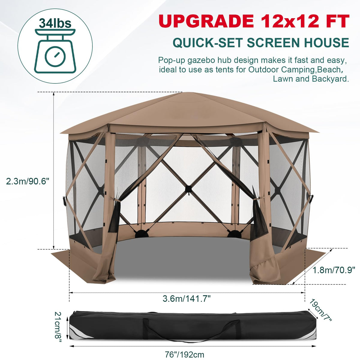 COBIZI 12x12 FT Pop Up Canopy Stargazing Tent, Gazebos On Clearance with Removable Roof, Screened in Gazebo, Screen Tents Portable carpas para Patio for Outdoor Camping,Backyard, Garden, Khaki(Pro)