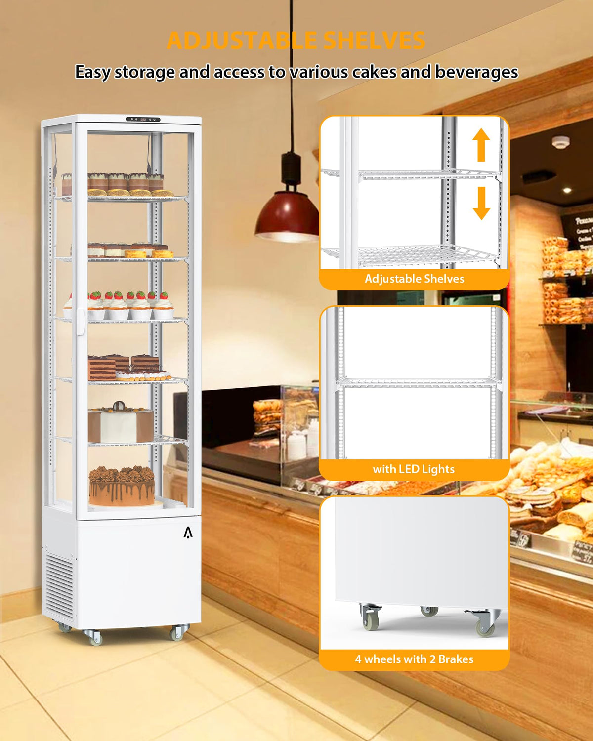 Garvee Commercial Refrigerated Display Case 10.5 Cu.Ft Freestanding Display Refrigerator with Adjustable Shelves, LED Lighting, Automatic Defrost Display Fridge for Bakery, Coffee, Supermarket