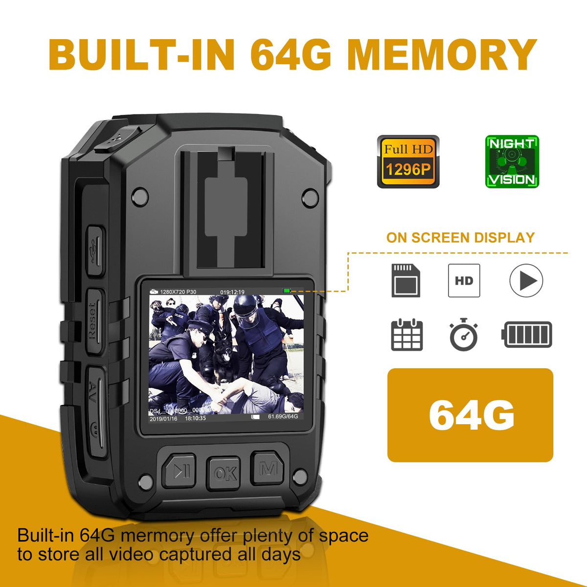 CammPro I826 1440P 2K HD Police Body Camera,64G Memory,Waterproof Body Worn Camera with Audio Recording,Night Vision,GPS for Law Enforcement