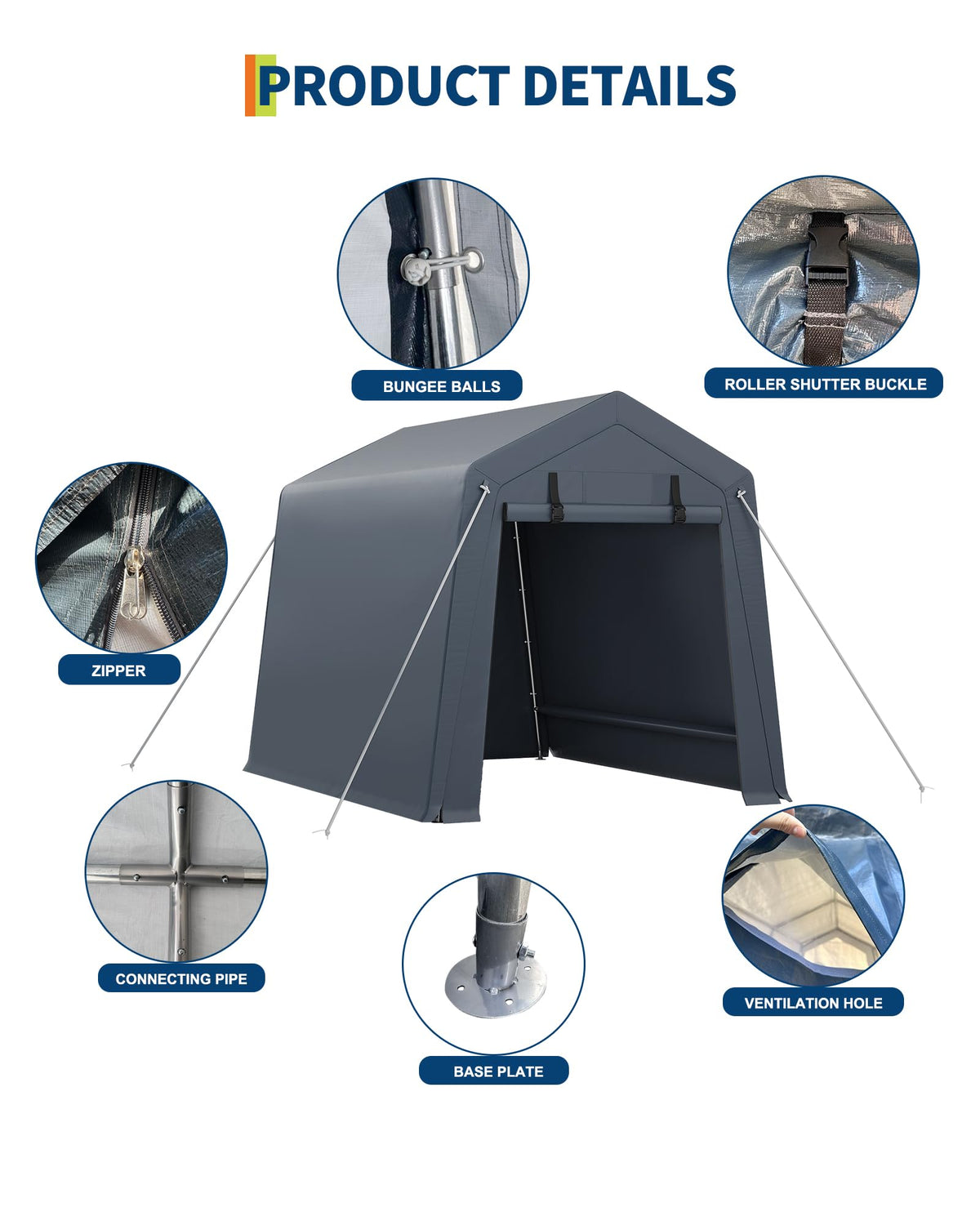 6x6 Ft Carport Heavy Duty Tent with Roll-Up Windows, Portable Garage with Removable Sidewalls & Doors, Car Canopy All-Season Tarp for Car Boat Truck Motorcycle, Grey