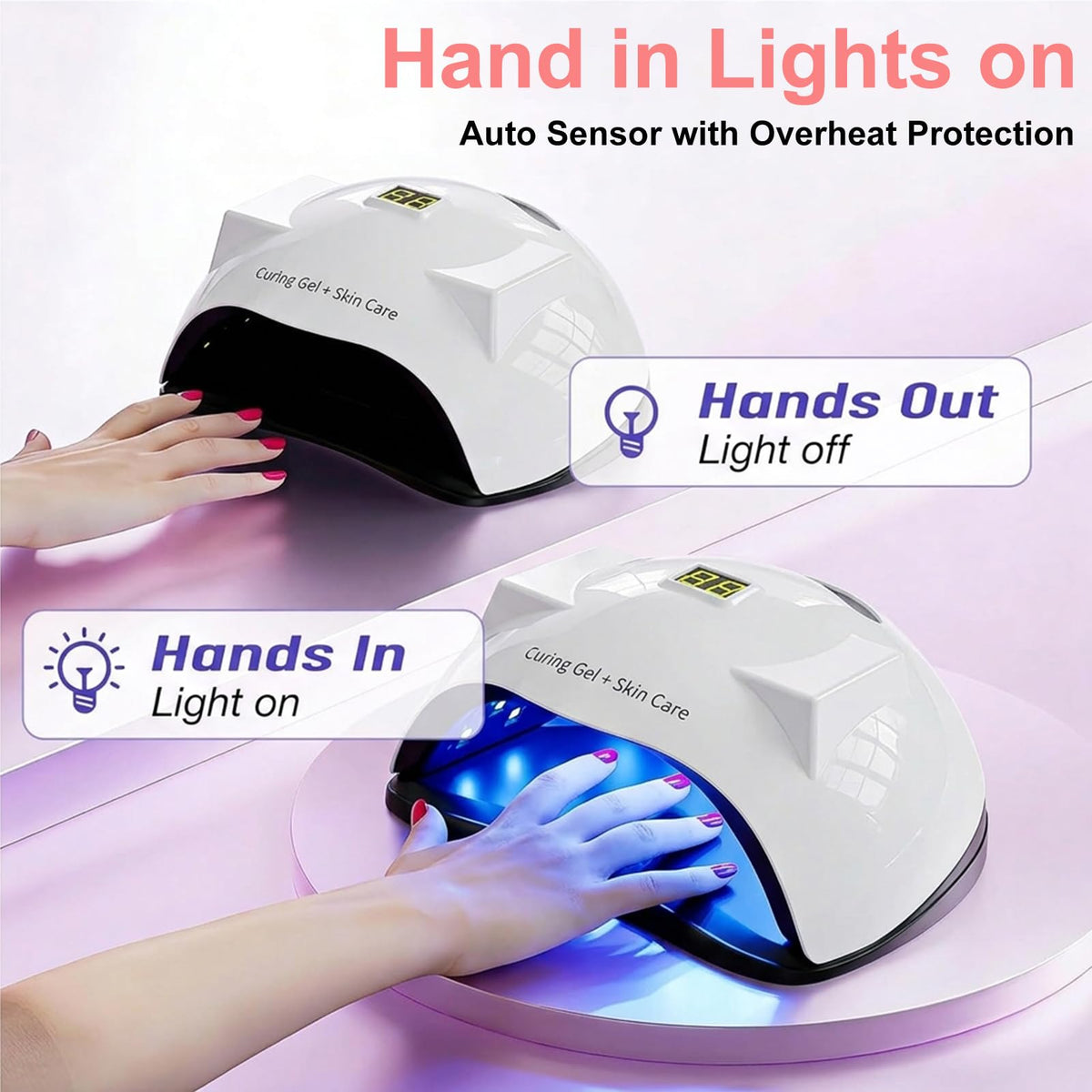 Yoidesu 66W LED Nail Lamp, Light for Gel Nails, 3 Timers Nail Lamp Professional Nail Light with Dual LED Light Source 51pcs Light Beads (US Plug 110‑230V)