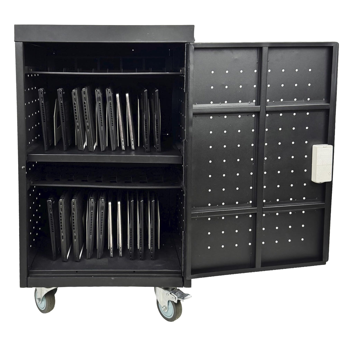 Pearington 20 Device Mobile Charging and Storage Cart for iPads, Chromebooks and Laptop Computers, Up To 17-Inch Screen Size, Surge Protection, Front & Back Access Locking Cabinet, Black
