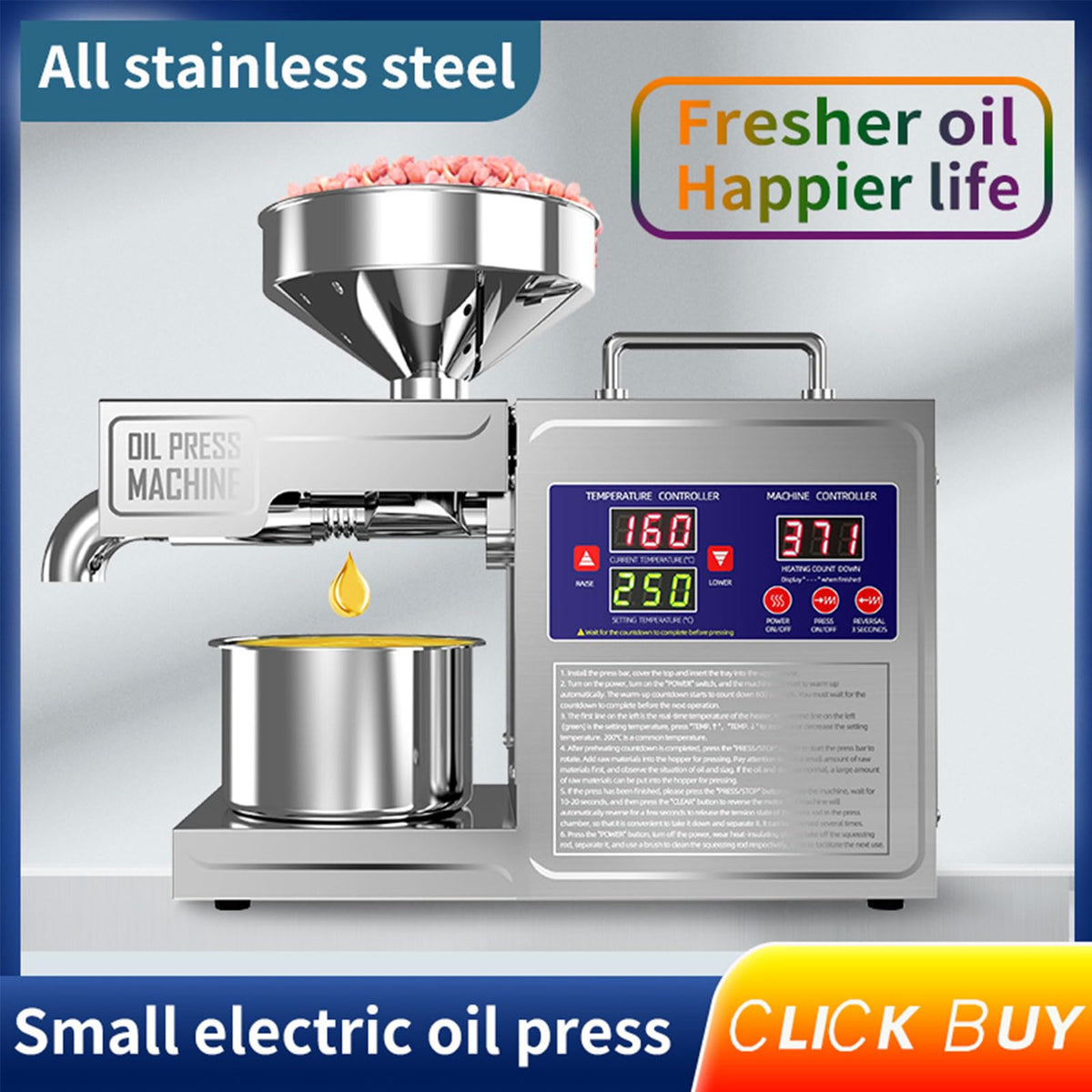 DITOSH Oil Press Machine Oil Extractor Commercial Automatic Stainless Steel Cold Press Oil Machine Electric Seed Oil Maker Silver Oil Pressure Machine for Home Use 820 W 110 V US Plug