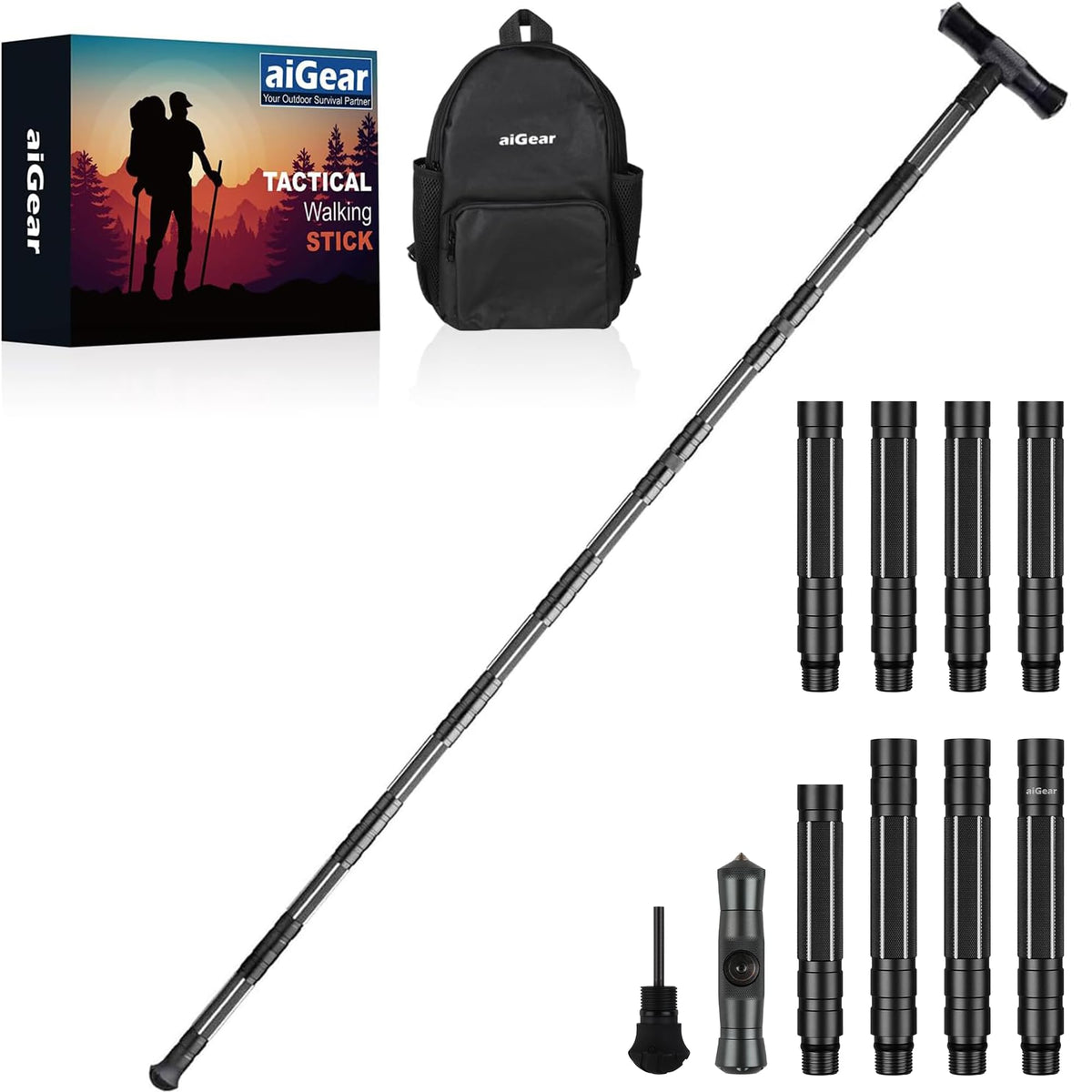aiGear G2 Tactical Hiking Stick, Heavy-Duty 8 Section Adjustable Walking Staff for Men Women, Aerospace Aluminum Trekking Poles with Multi-Tool for Camping Wading Self Defense Overlanding