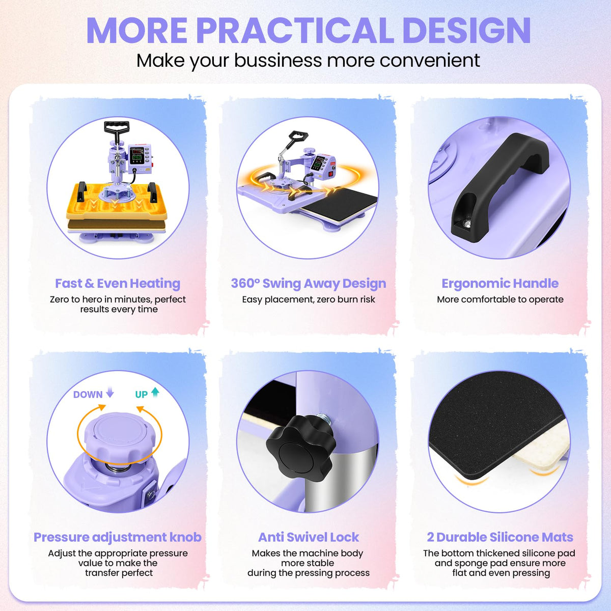 WHUBEFY Heat Press,8 in 1 Tshirt Printing Machine 15"x12" Digital Industrial Heat Transfer Machine,Sublimation Heat Press Machine for T Shirts/Mug/Cap/Plate/DIY (8 in 1 Heat Press(Purple))