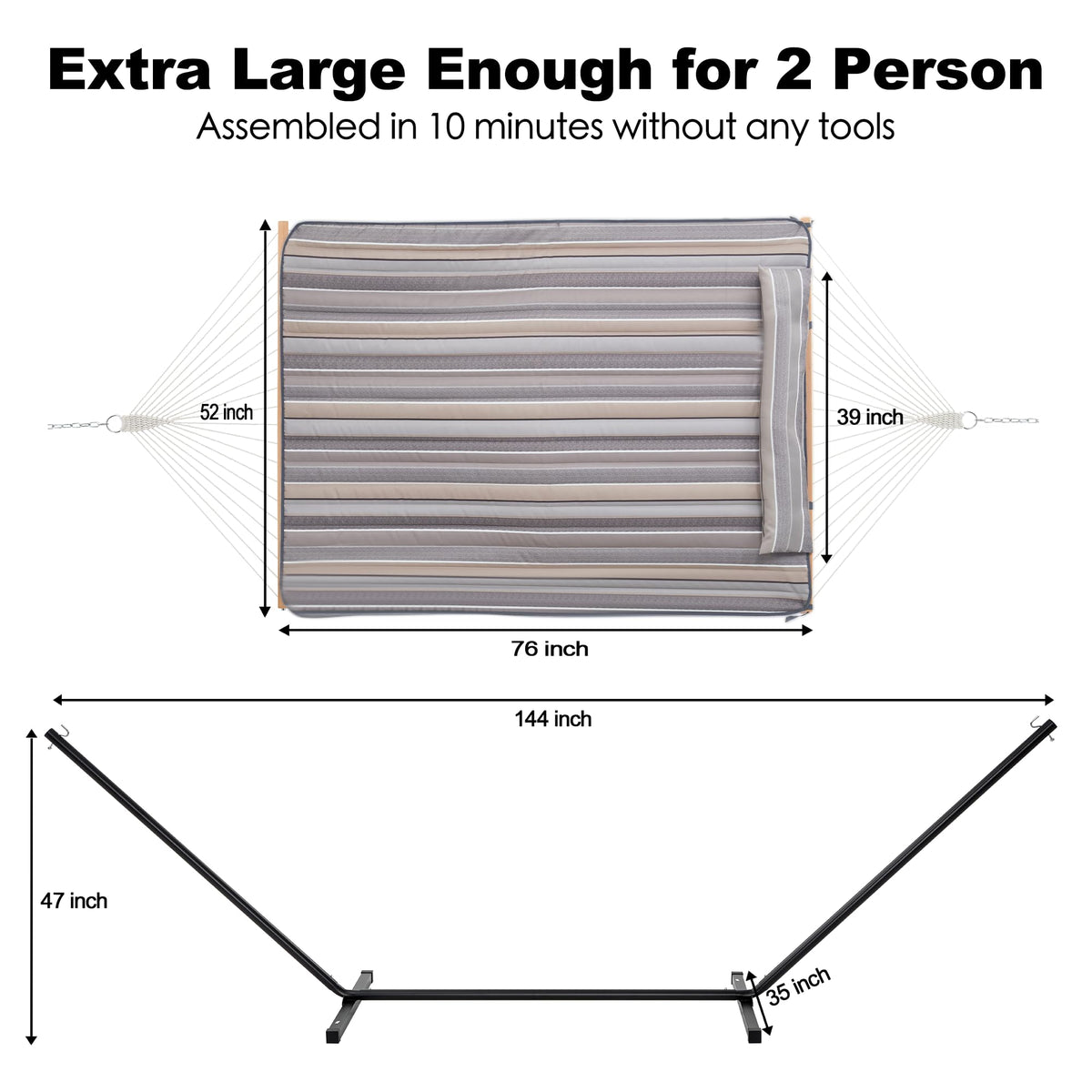 GAFETE 2 Person Hammock with Stand for Outside, 52inch Double Cotton Rope Hammock with Polyester Pad, Heavy Duty Steel Stand, Large Removable Pillow, Storage Bags, Max 475 lbs Capacity (Dove with Pad)