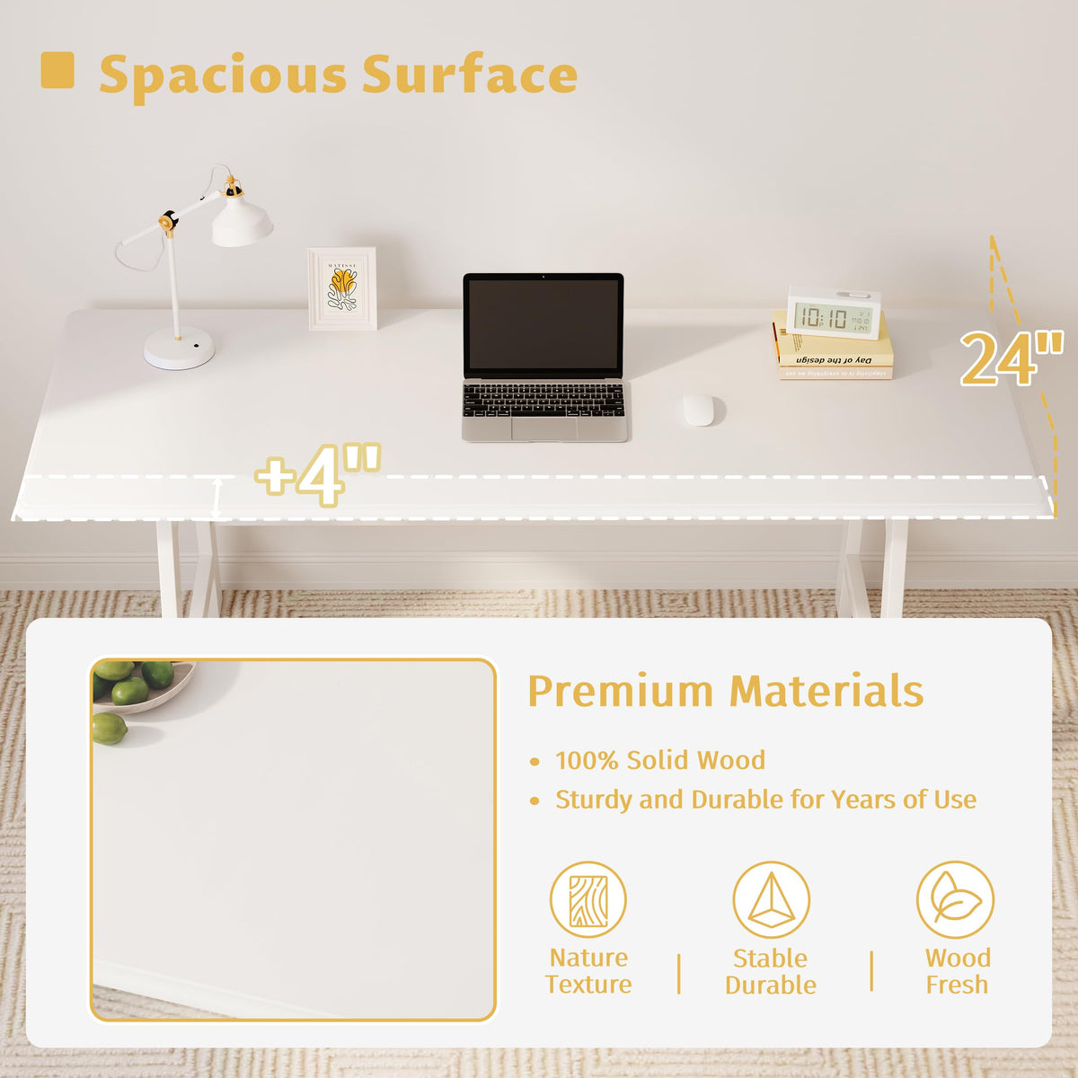 IOTXY Solid Wood Writing Table - 60" W x 24" D Minimalist Computer Desk for Home Office, Work, Study, Creativity, and PC Workstation, White