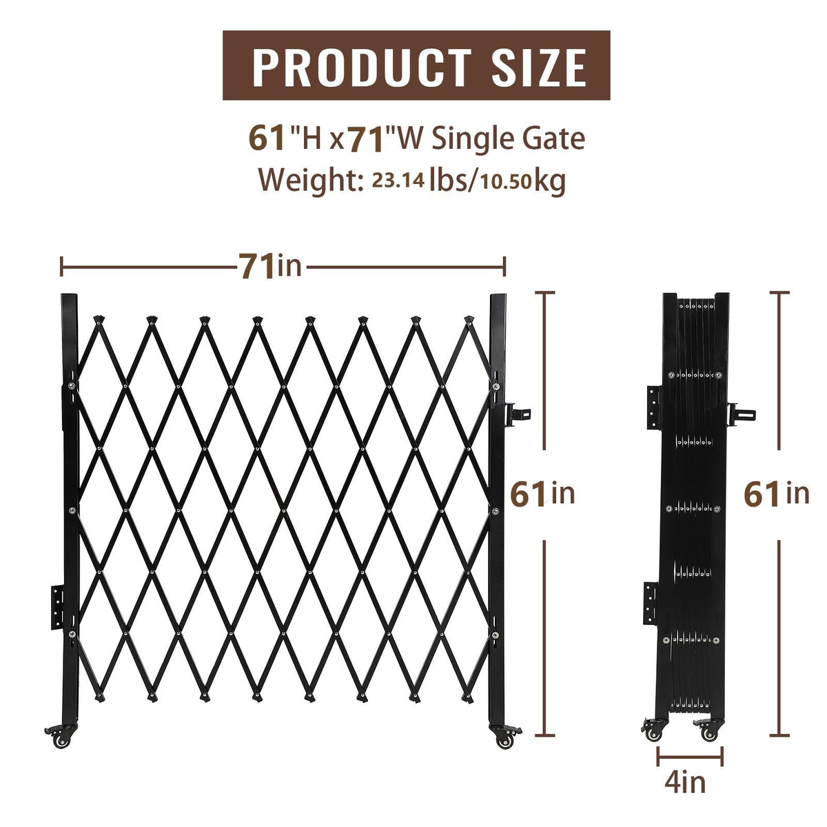 ExploreHorizon 61" H x 71" W Single Folding Security Gate, Portable Expandable Fence Gate with Casters, Flexible Steel Accordion Security Gate Barricade Gate for Backyard Garden