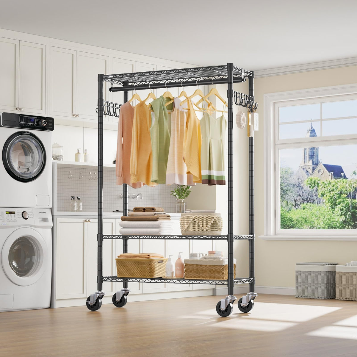 VIPEK R3 Heavy Duty Garment Rack with Lockable Wheels, Portable Rolling Closet with Adjustable Shelves & Hanging Rod & Side Hooks, Compact Space-Saving Storage for Small Apartments/Dorms (Black)