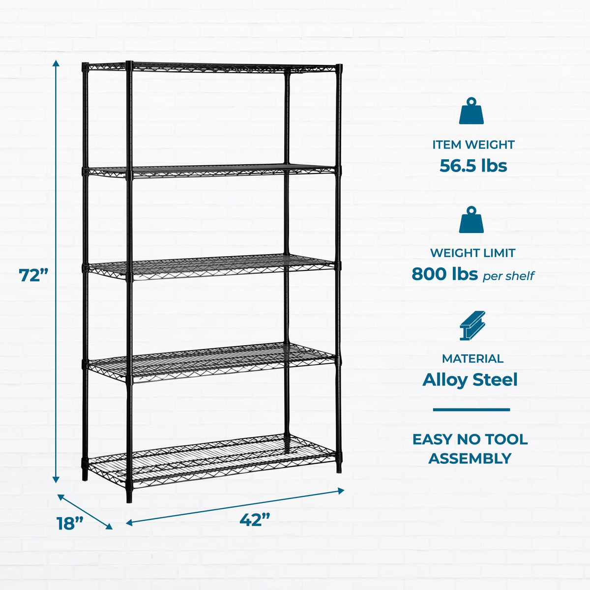 Honey-Can-Do 5-Tier Heavy Duty Adjustable Shelving Unit, 800-lb Per Shelf Metal Storage Rack, Industrial Strength Wire Shelf for Garage Workshop Warehouse, Black, 42 x 18 x 72 in