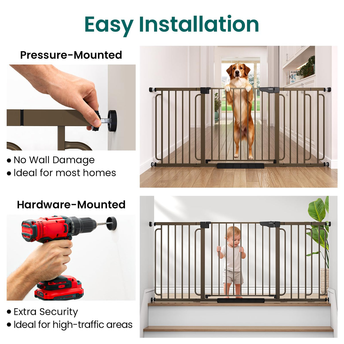 Cumbor Extra Wide Baby Gate, 36.6-69" Walk-Through Dog Gate for Stairs, Doorways & Hallways, 30.5“ Tall, Auto-Close & Dual-Swing Safety Child Gate Indoor, Easy Install Pressure-Mounted Pet Gate, Brown