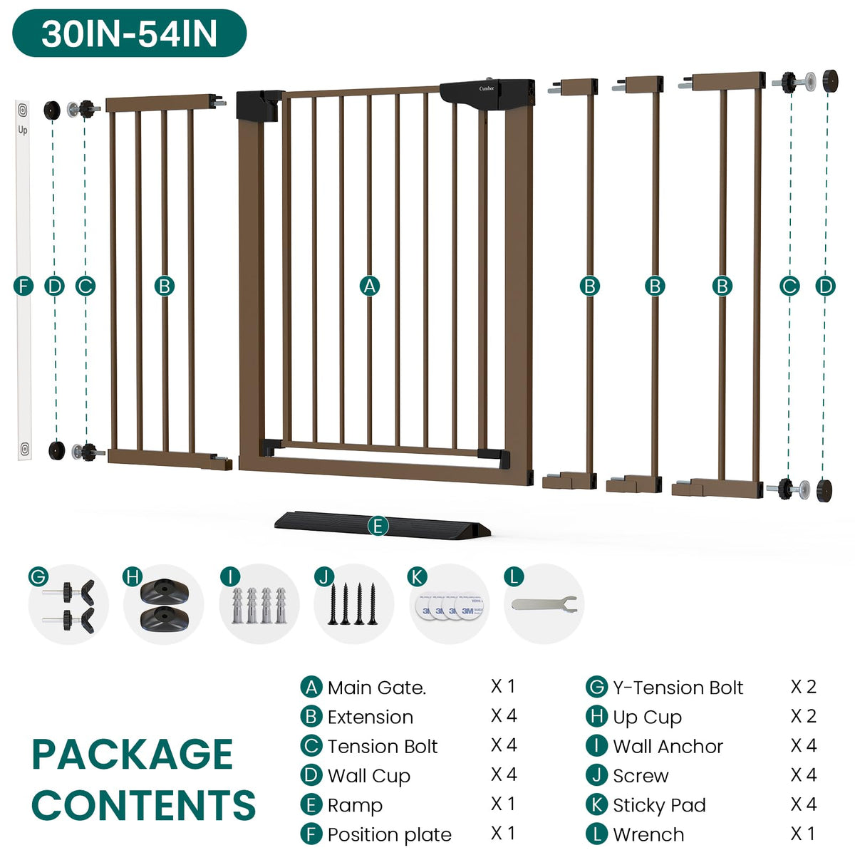 Cumbor 30-54" Extra Wide Baby Gate for Stairs, Dual Lock & Self-Closing Dog Gate Indoor, Easy Install Pet Gate for Doorways, Hallways & Kitchen, Easy Walk Thru Safety Proofing for Babies & Pets, Brown