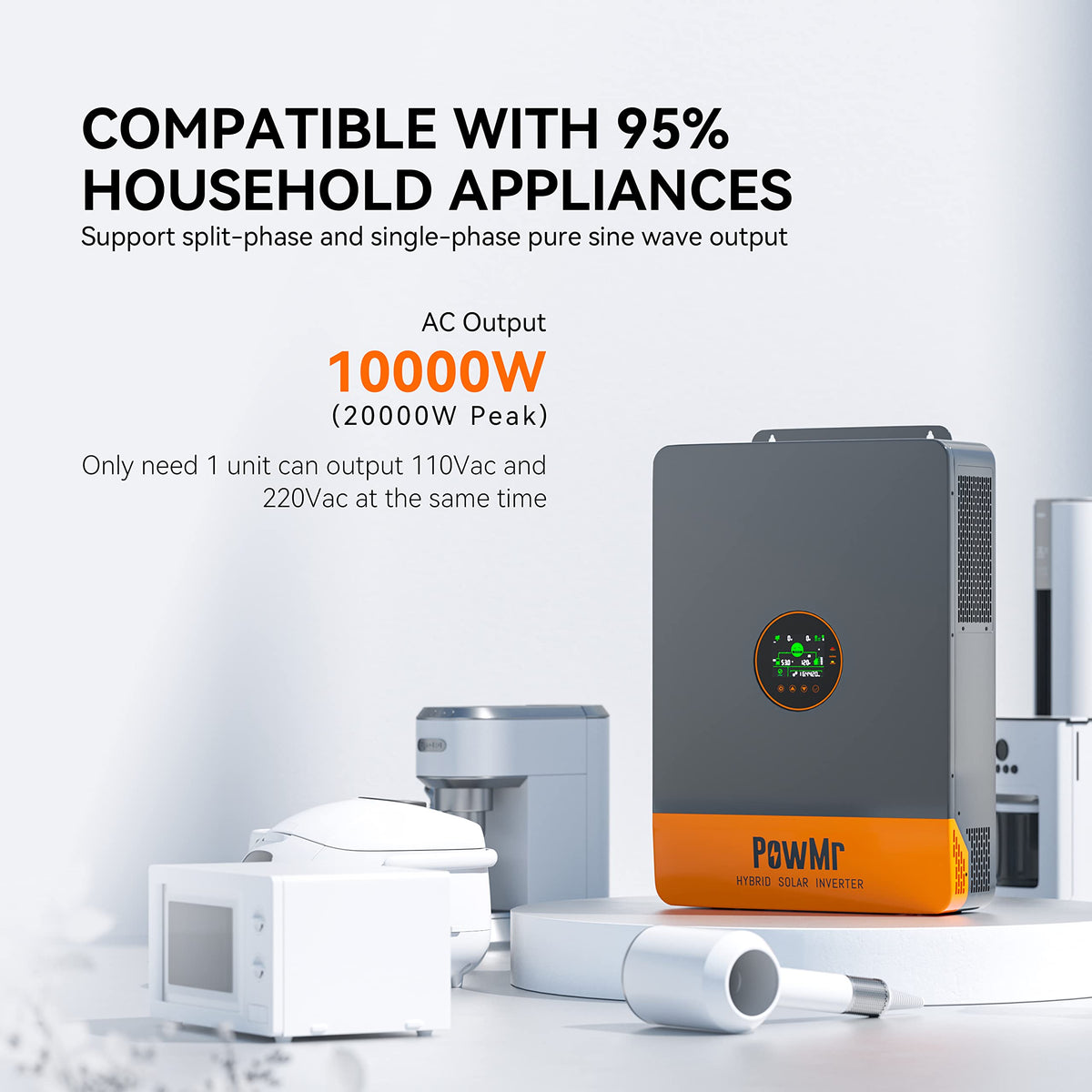 PowMr 10000W Hybrid Solar Inverter, 48V DC to 110V/240V AC Split Phase Inverter with 200A MPPT Controller, Max PV Input 11KW, 500VDC, Supports Up to 6 in Parallel, for Lead Acid Lithium Battery