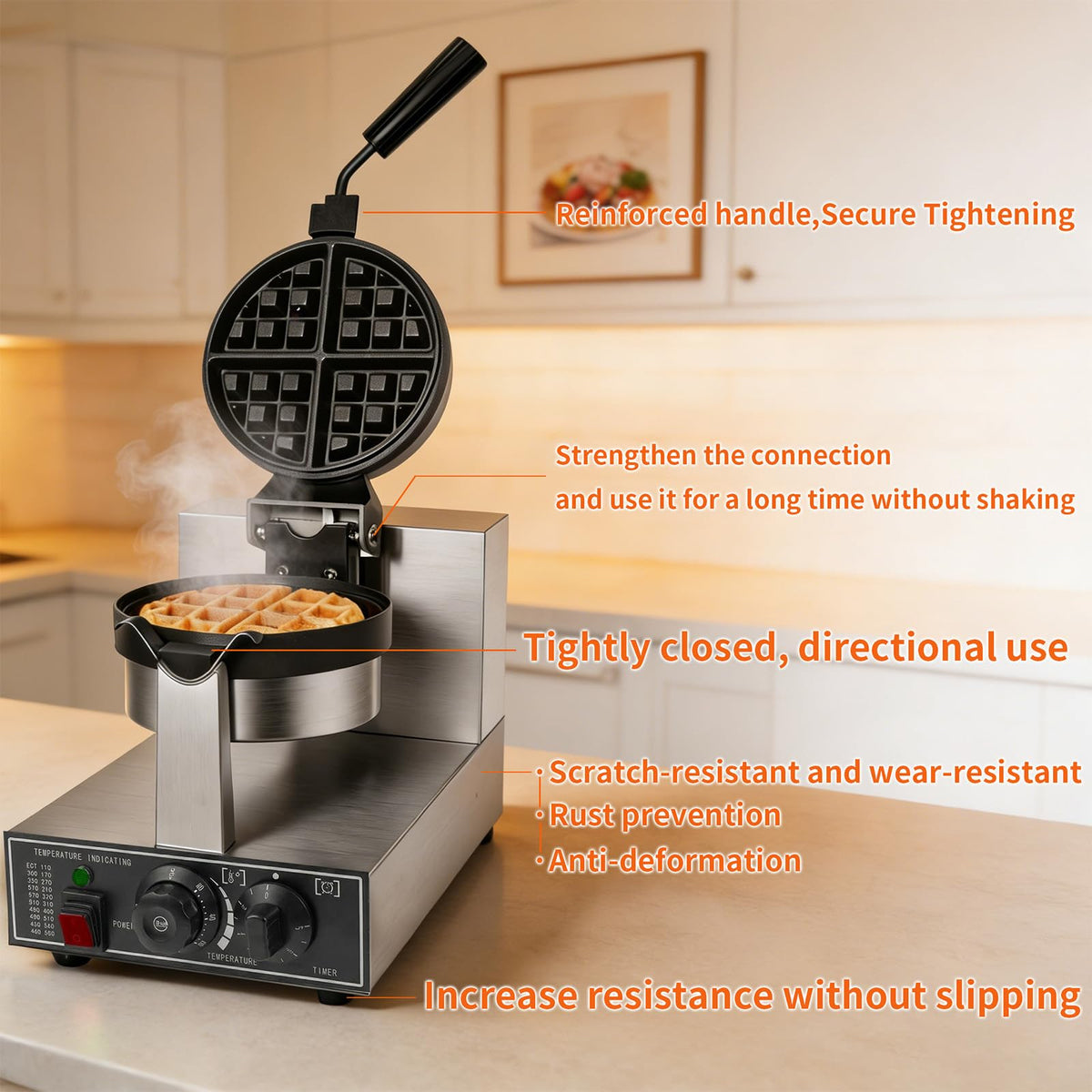 Commercial Waffle Maker 1300W Non-Stick Waffle Iron Rotatable 180° Waffle Baker Machine With Temp and Time Control for Bakery Snack Bar Family