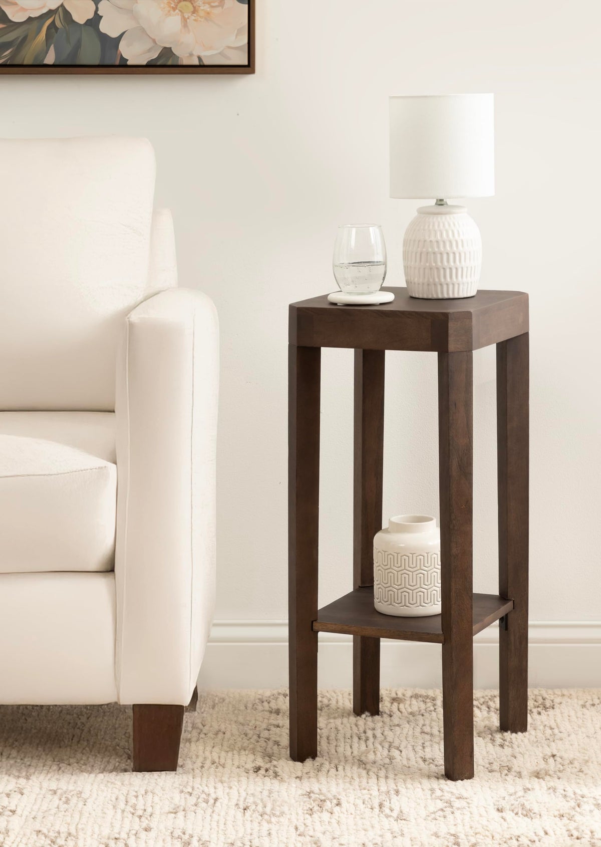 Kate and Laurel Talcott Modern Square Wood Drink Table, 12 x 12 x 28, Dark Brown, Transitional Decorative Two-Tier Pedestal Table for Use as Plant Stand Indoors or Living Room Decor Accent