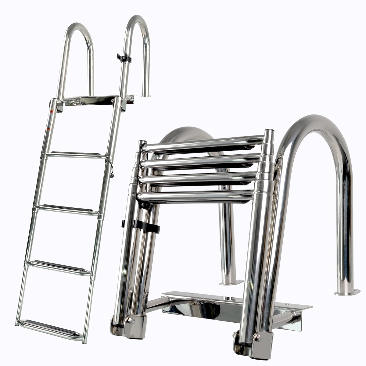 Manumarine 4 Step Heavy Duty 316 Stainless Steel Boat Ladder | Telescoping Folding Rear Entry Dock Swim Deck Ladder with Handrails & Extra Wide Steps, 600lbs Capacity Marine Grade